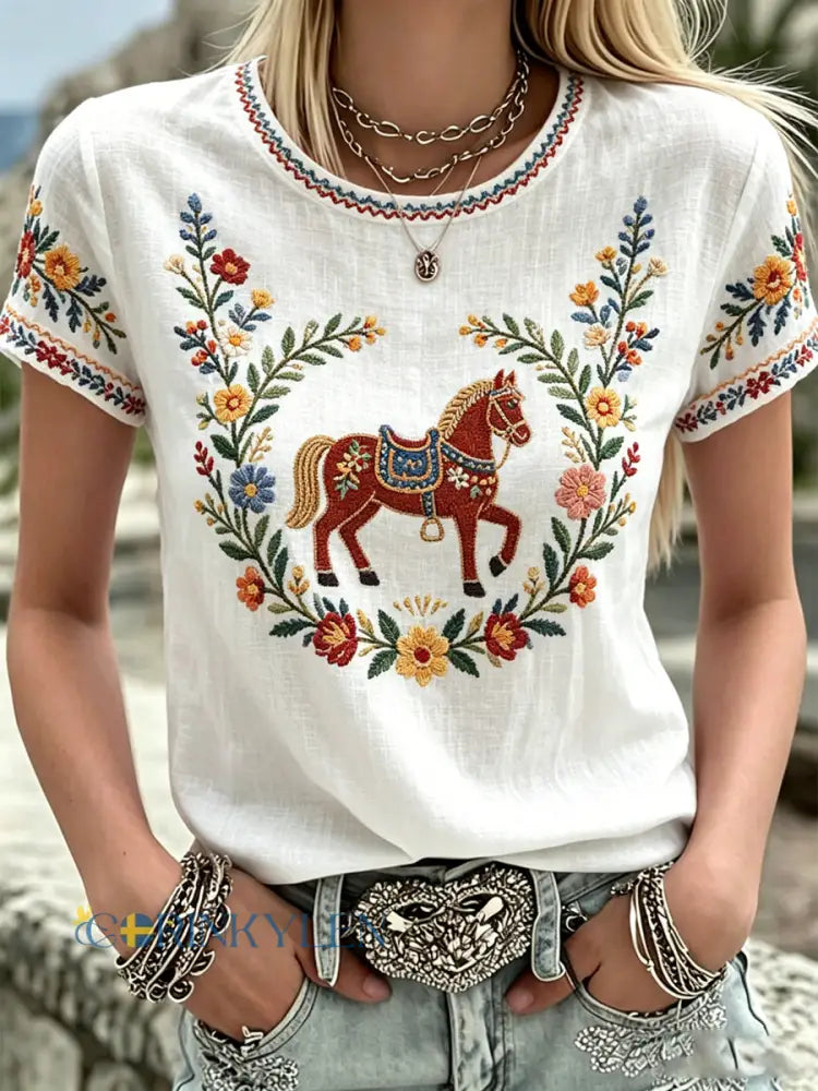 Damsommarblomsterprint avslappnad t-shirt - vitt / S