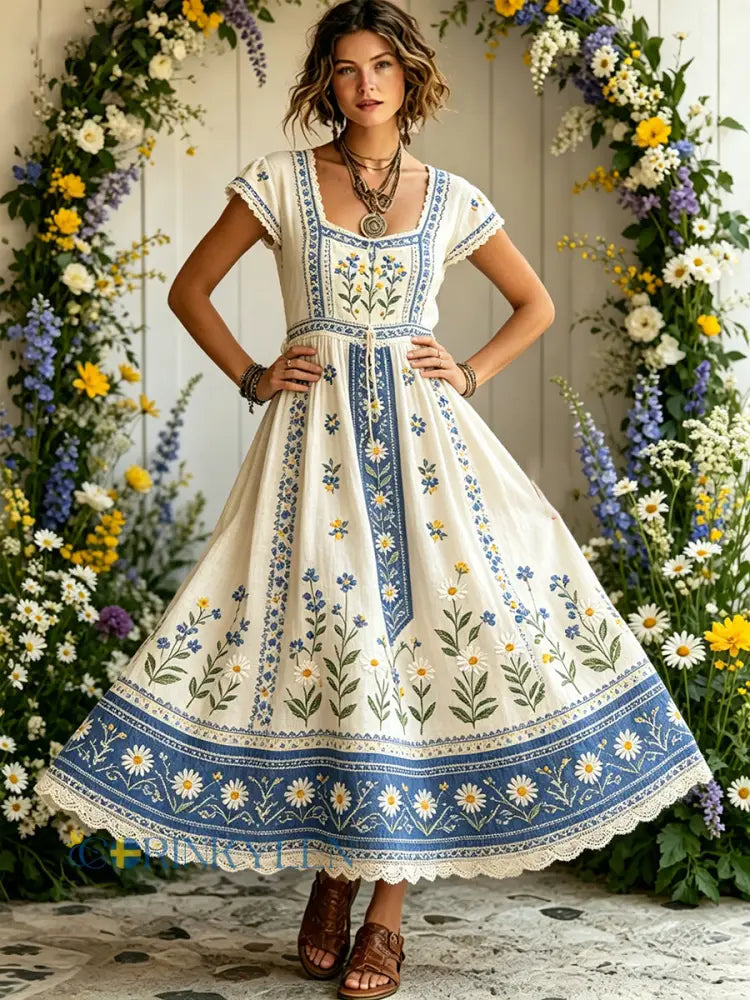 Damsommarlik klänning i lantlig stil med blommönster - A / S