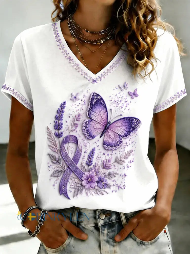 Damsvart Flora-konsttryckt t-shirt med v-ringning - som bild / S