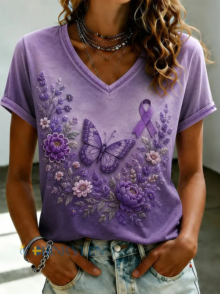 Damsvart Flora-konsttryckt t-shirt med v-ringning - som bild / S