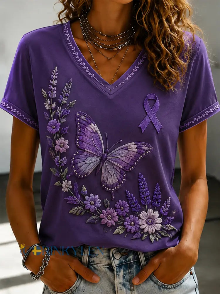 Damsvart Flora-konsttryckt t-shirt med v-ringning - som bild / S