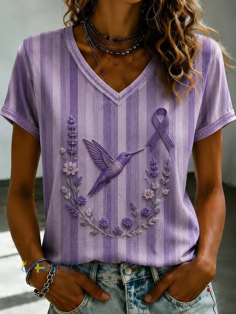 Damsvart Flora-konsttryckt t-shirt med v-ringning - som bild / S