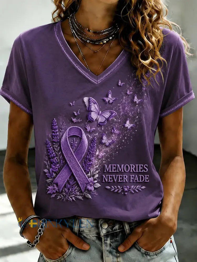 Damsvart Flora-konsttryckt t-shirt med v-ringning - som bild / S