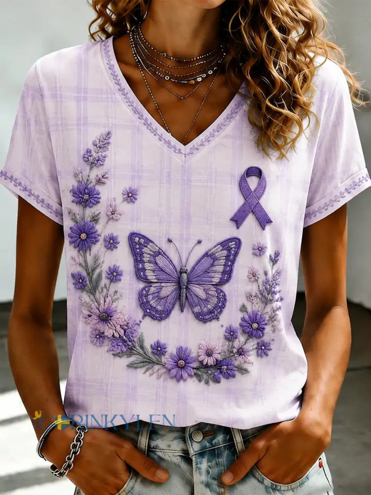 Damsvart Flora-konsttryckt t-shirt med v-ringning - som bild / S