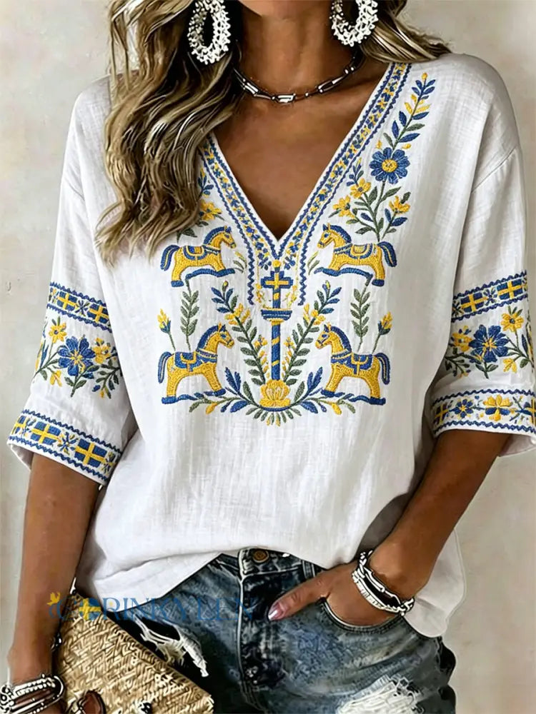 Damsvensk midsommartryck avslappnad t-shirt - As picture / S