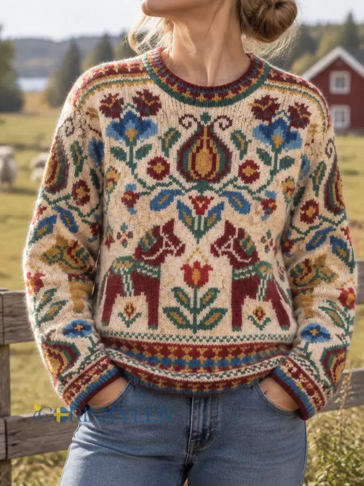 Damsweater i retrostil med svensk landsbygdsinspirerad dalahäst - som bild / S