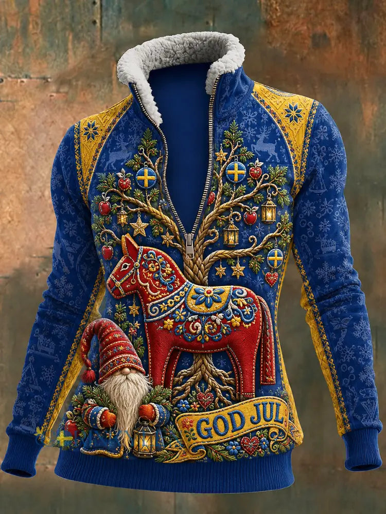 Damsweater med svensk julprint dragkedja lammull och lång ärm - blå / S