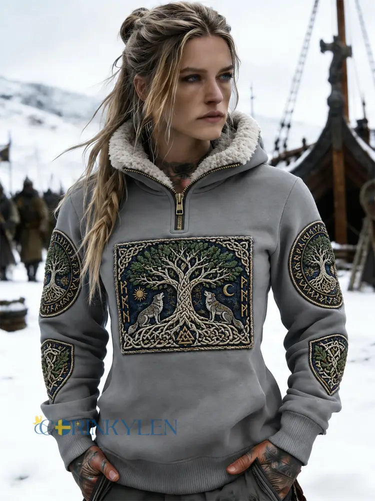 Damsweatshirt i retro nordisk vikingstil med fleecefoder och dragkedja - grå / S