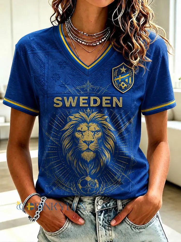Damtröja i fotbollsstil från Sverige med V-ringning och tryck - blå / S