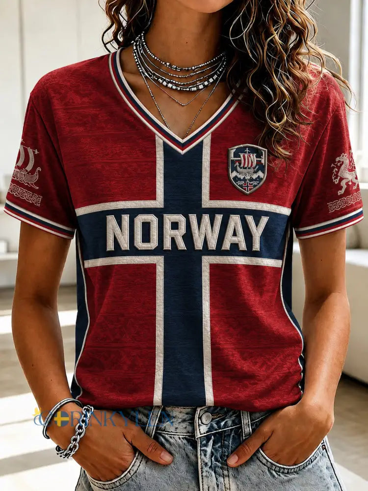 Damtröja i norskt fotbollsmotiv med V-ringning - röd / S