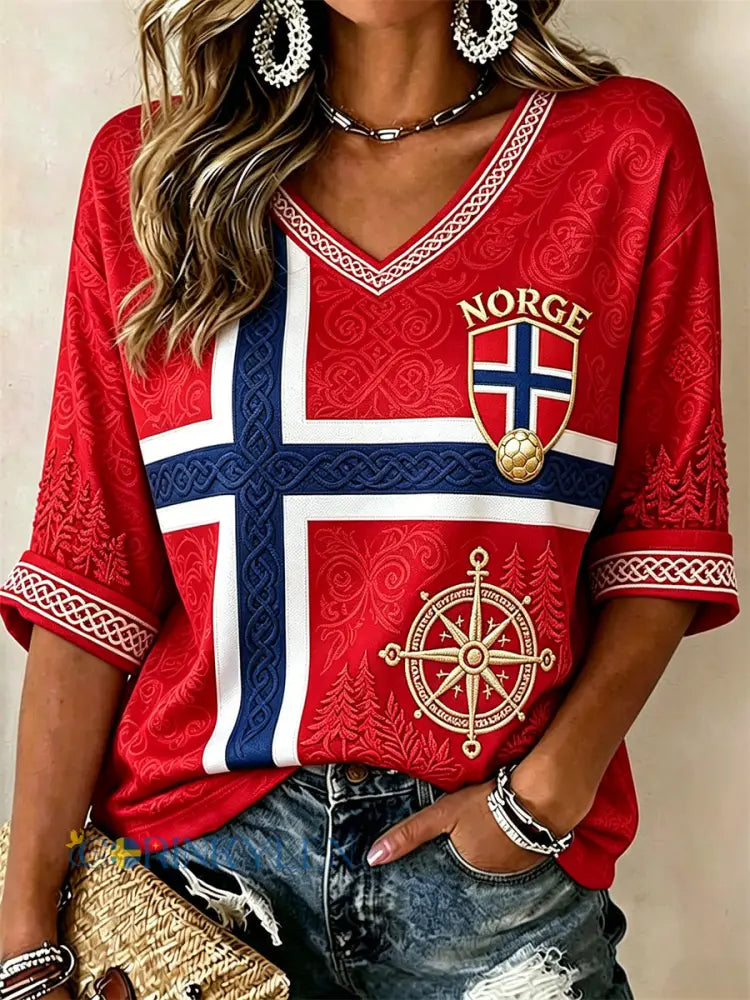 Damtröja i norskt fotbollstema med vikingakompas skogsmotiv och keltiskt knutmotiv – tryckt flagga halvlånga ärmar och
