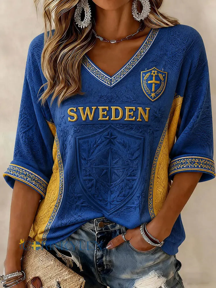 Damtröja i svensk fotbollsstil med tryckt mönster halvlånga ärmar och v-ringning - blå / S