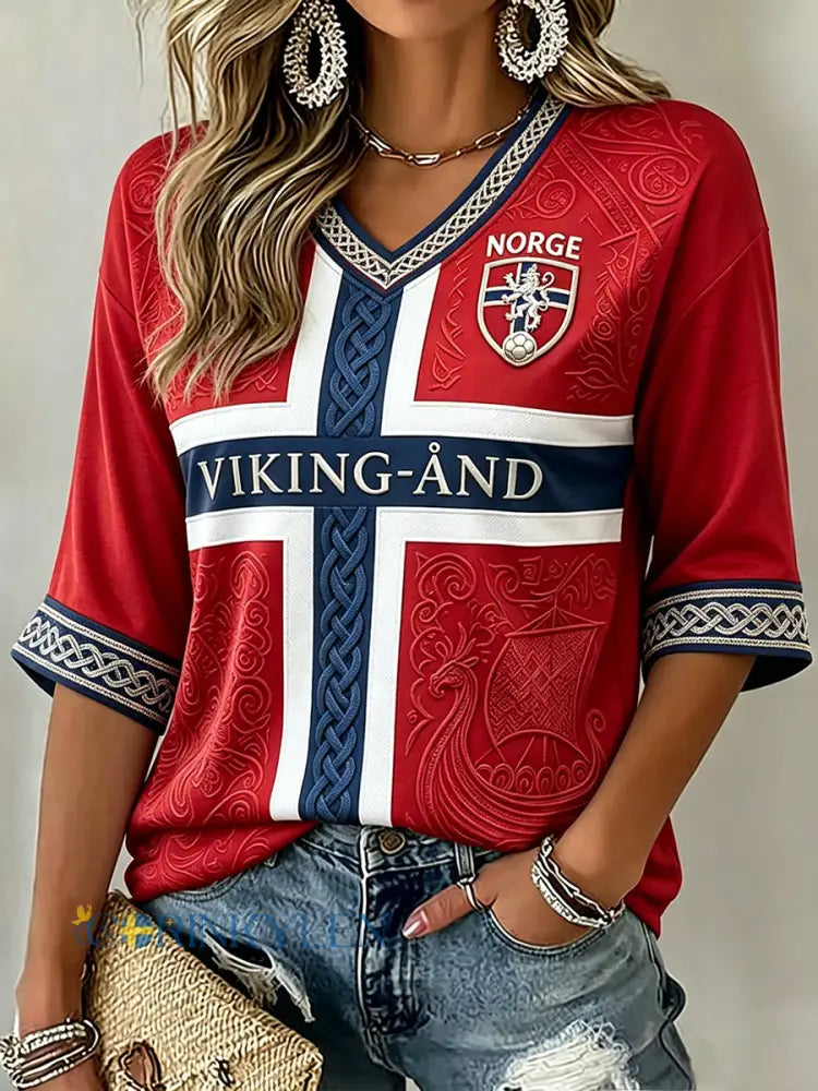 Damtröja i viking- och keltisk stil med fotbollsinspirerad print halvlånga ärmar och V-ringning - röd / S