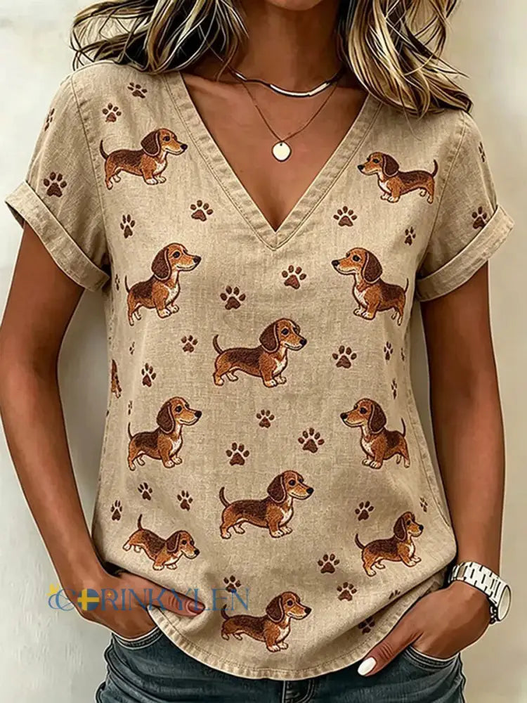 Damtröja med hundkonsttryck avslappnad T-shirt - som bild / S