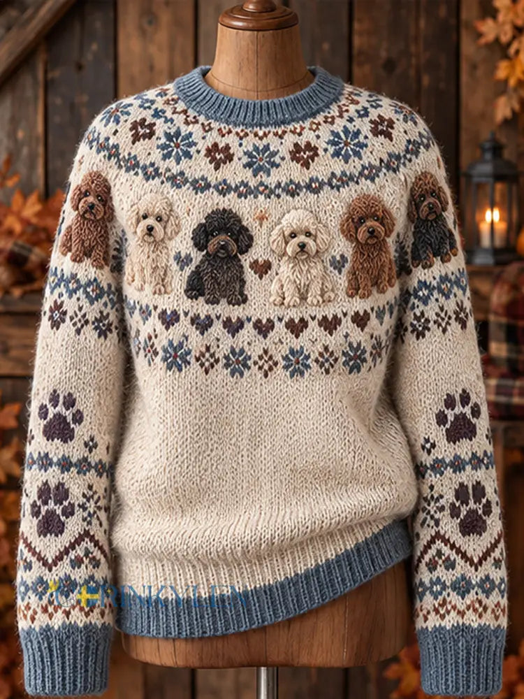 Damtröja med hundmönster för höst och vinter långärmad fritidsmodell - kränk-vitt / S
