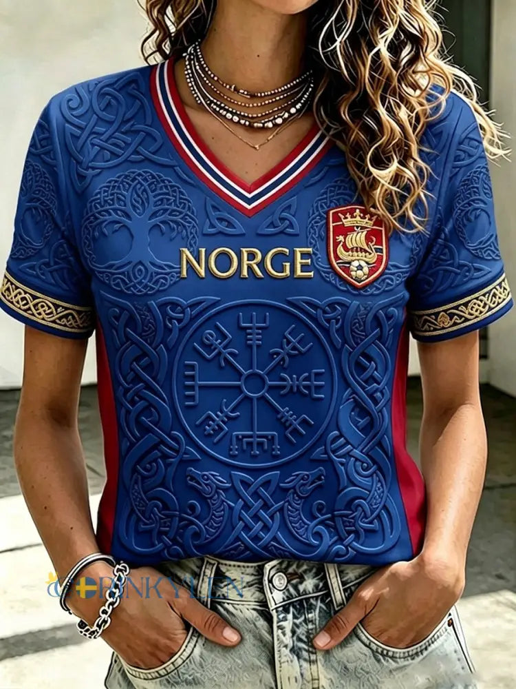 Damtröja med vikingainspirerat mönster från Norge för fotbollssupportrar kortärmad - djupblåa / S