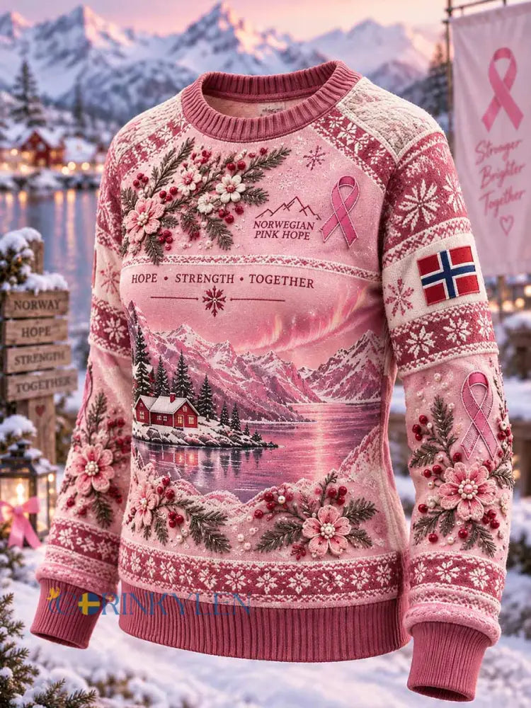 Damtröja med vintermönster till stöd för bröstcancermedvetenhet - som bild / S