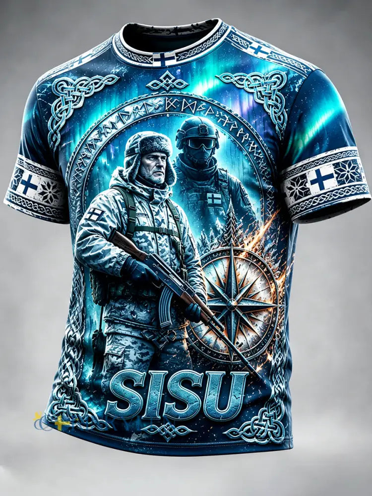 Finnish Veteran ’Sisu’ Skriv ut Casual Short-Sörmad T-shirt - blå / S
