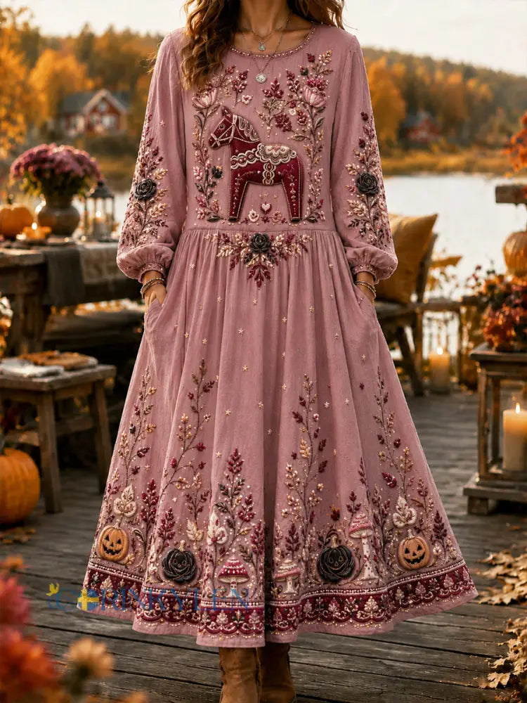 Halloweenklänning för bröstcancermedvetande med konstnärlig “Dalahäst”-motiv för kvinnor - som bild / S