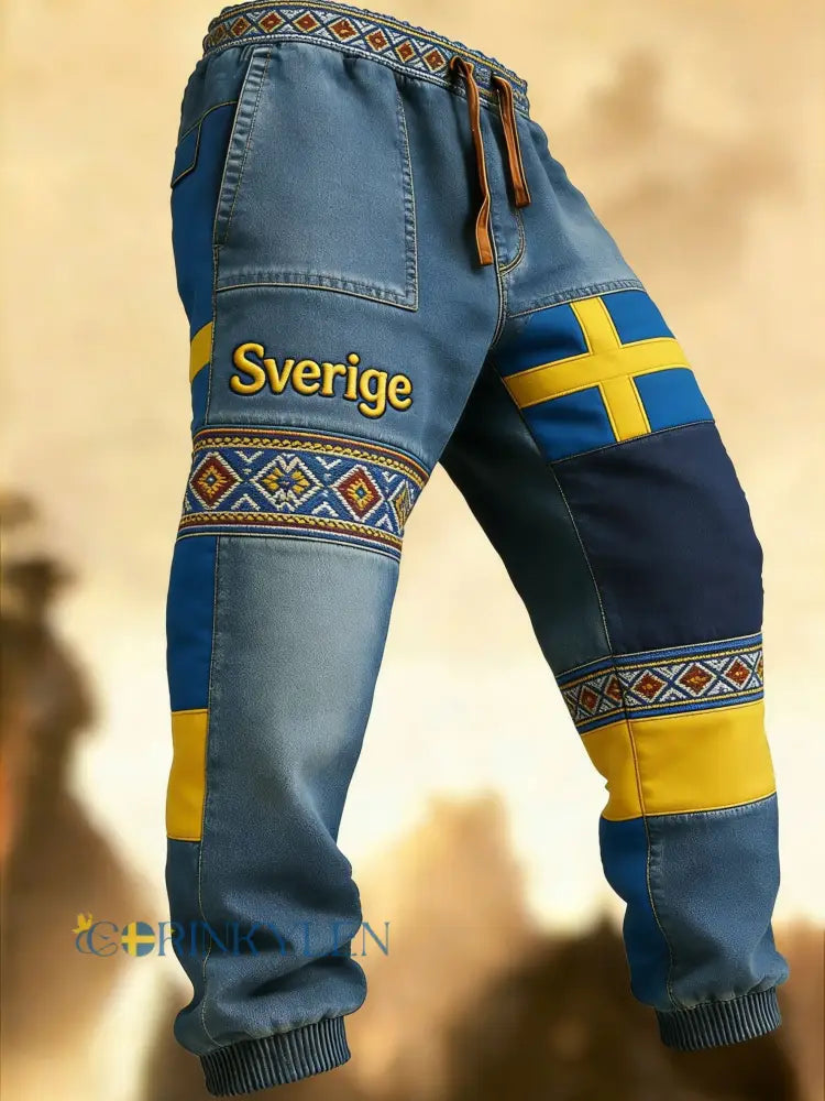 Herr Retro Viking Svensk Flagga Märke Fritidshusor - blå / S