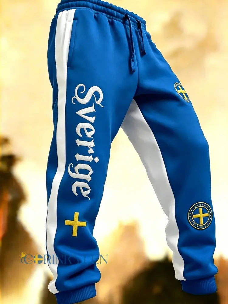 Herr Retro Viking Svensk Fotbollsflagga Mönstrade Fritidsshorts - blå / S