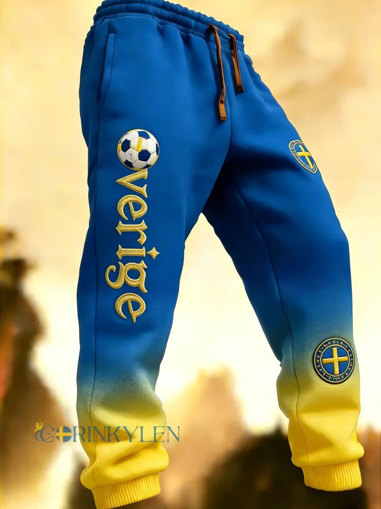Herr Retro Viking Svensk Fotbollsflagga Mönstrade Fritidsshorts - blå / S