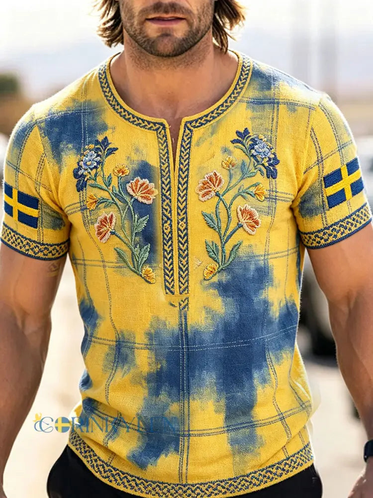 Herr Sverige Gaffel Konst Blommigt Tryckt Linne T-shirt - som bild / S