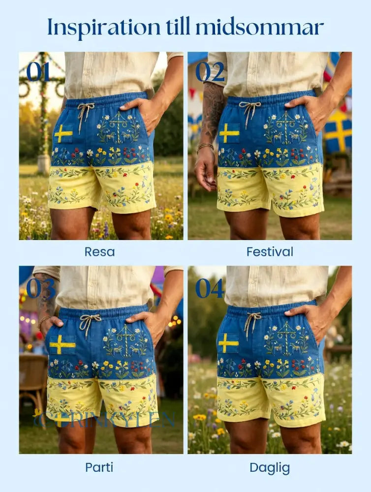 Herrar Retro Svenska Midsommar Folkal Blommig Bomull-Linne Korta Byxor