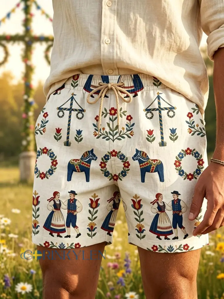 Herrar Retro Svenska Midsommar Folkal Blommig Bomull-Linne Korta Byxor - Aprikot / S