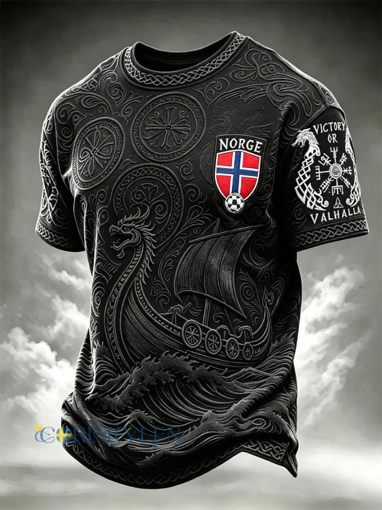 Herrarnas Norge-fotbollsvinst eller Valhalla viking Vegvisir & skepp keltisk knutmönstrad t-shirt med korta ärmarna