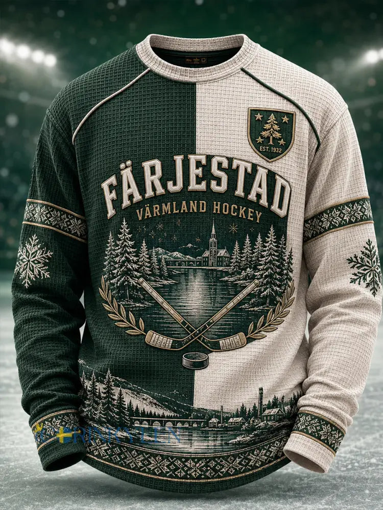 Herrarnas svenska ishockeytröja Färjestad BK Waffle långärmad t-shirt för fans och älskare - A / S