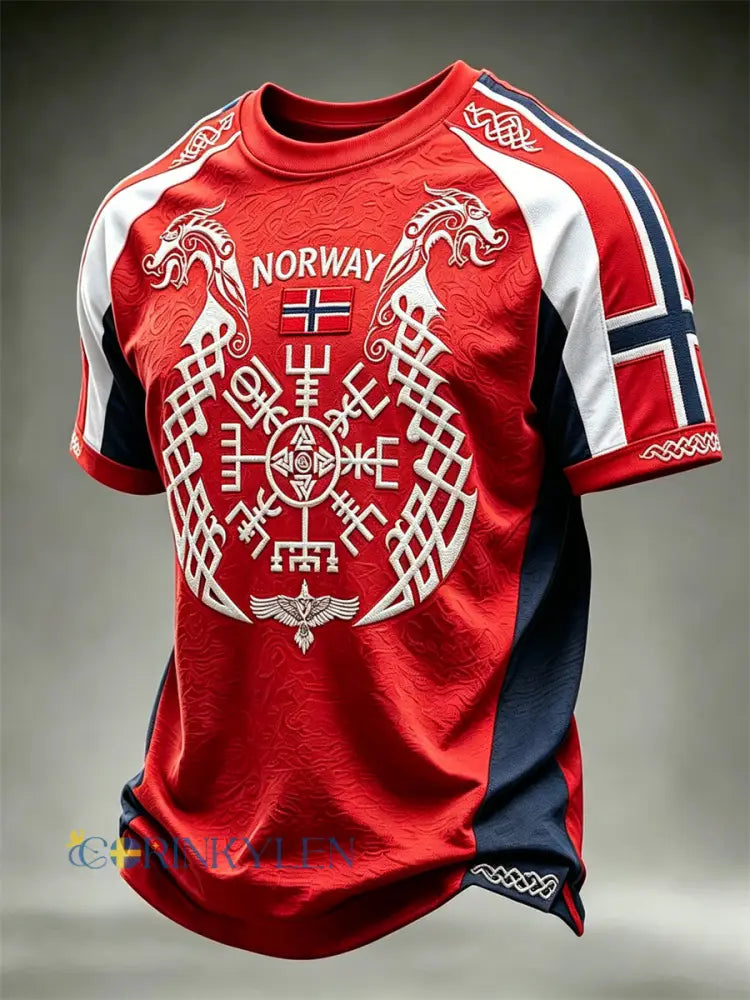 Herrens Norge Victory eller Valhalla Viking Vegvisir Celtic Knot Flag Colorblock Skriv ut korta ärmar t-shirta t - röd