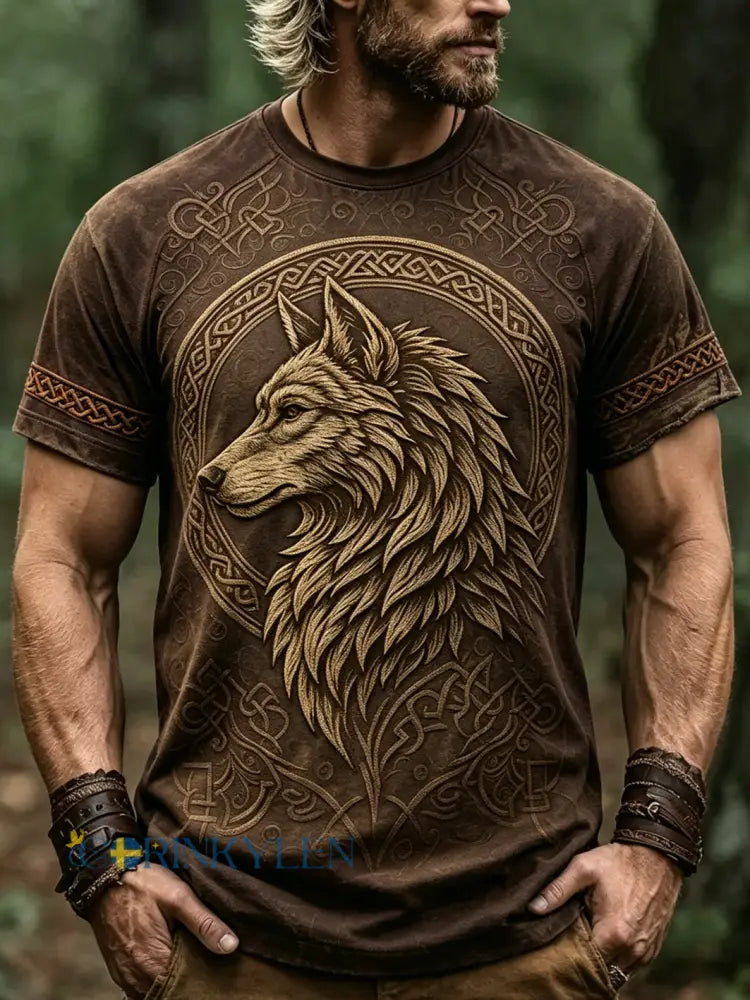 Herrens retro Viking varg mönster tryckt avslappnad tvättad kortärm T-shirt - mörk brun / S