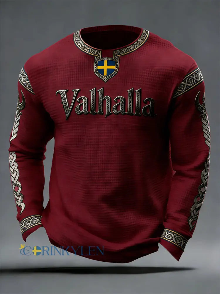 Herrens svenska Viking-stil Valhalla Våffle Topp - röd / S