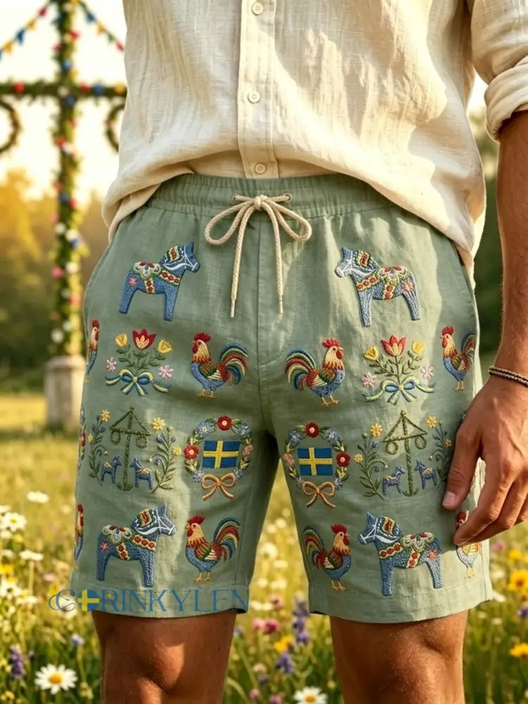 Herrer Retro Svensk Midsommer Folk Floral Bomull-Lin Bukser Med Kort Ben - grøn / S