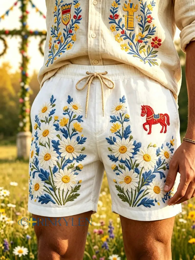 Herrkläder Retro Svenska Midsommar Folk Floral Bomull-Linne Korta Byxor - vitt / S