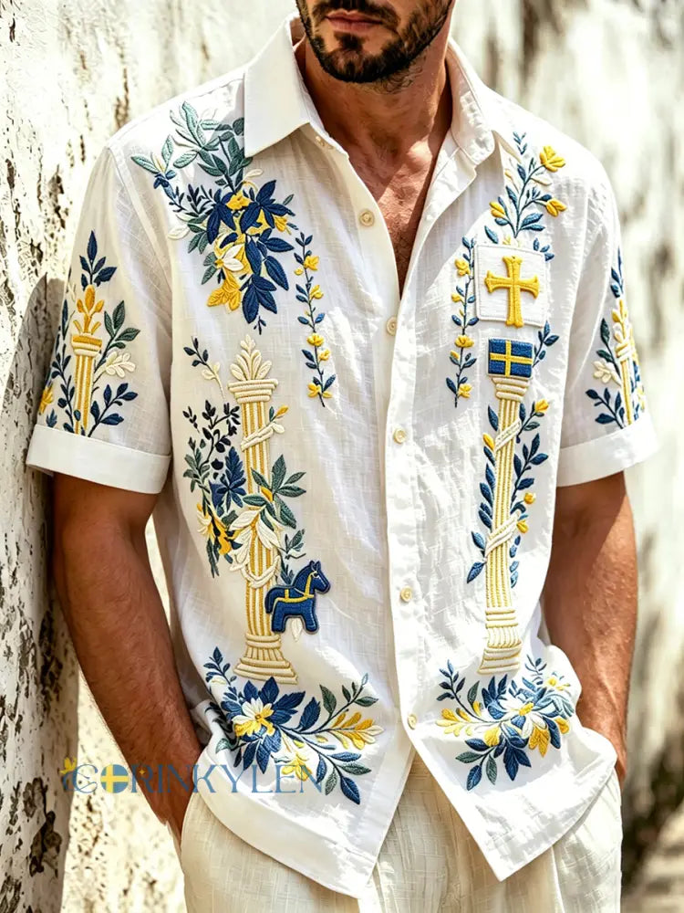 Herrkläder Svensk midsommar blommig 3D-tryckt casual kortärmad skjorta - vitt / S