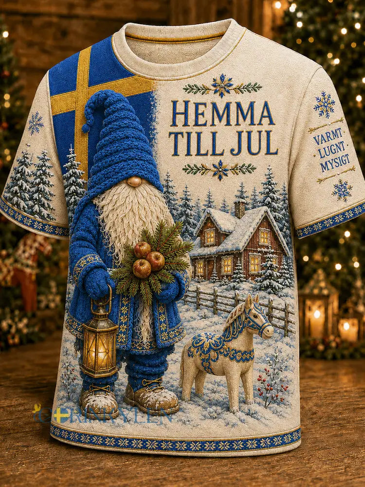 Herrlig jultröja i svensk stil med tryckt mönster vintagemode löst sittande och kort ärm - Aprikot / S