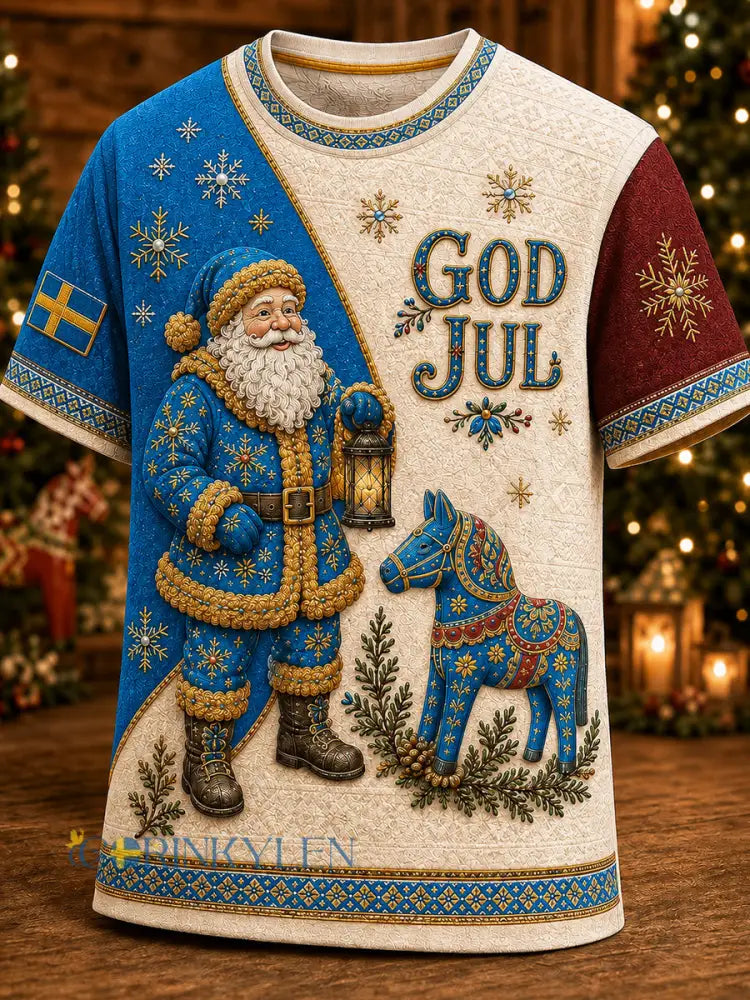 Herrlig jultröja i svensk stil med tryckt mönster vintagemode löst sittande och kort ärm - Aprikot / S