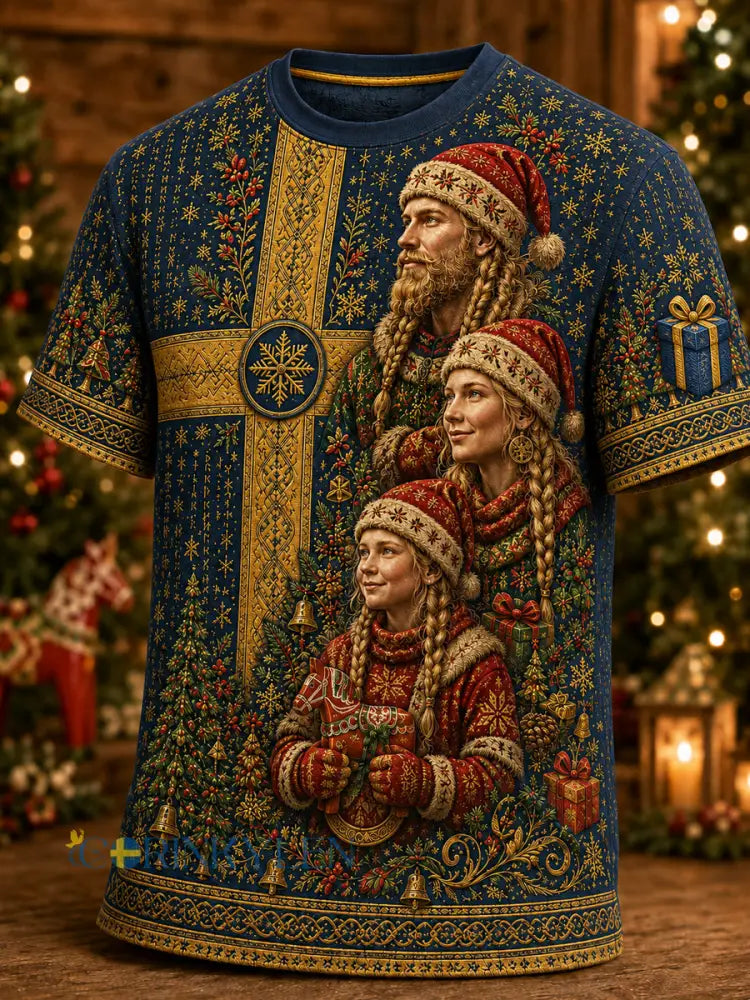Herrlig jultröja i svensk stil med tryckt mönster vintagemode löst sittande och kort ärm - blå / S