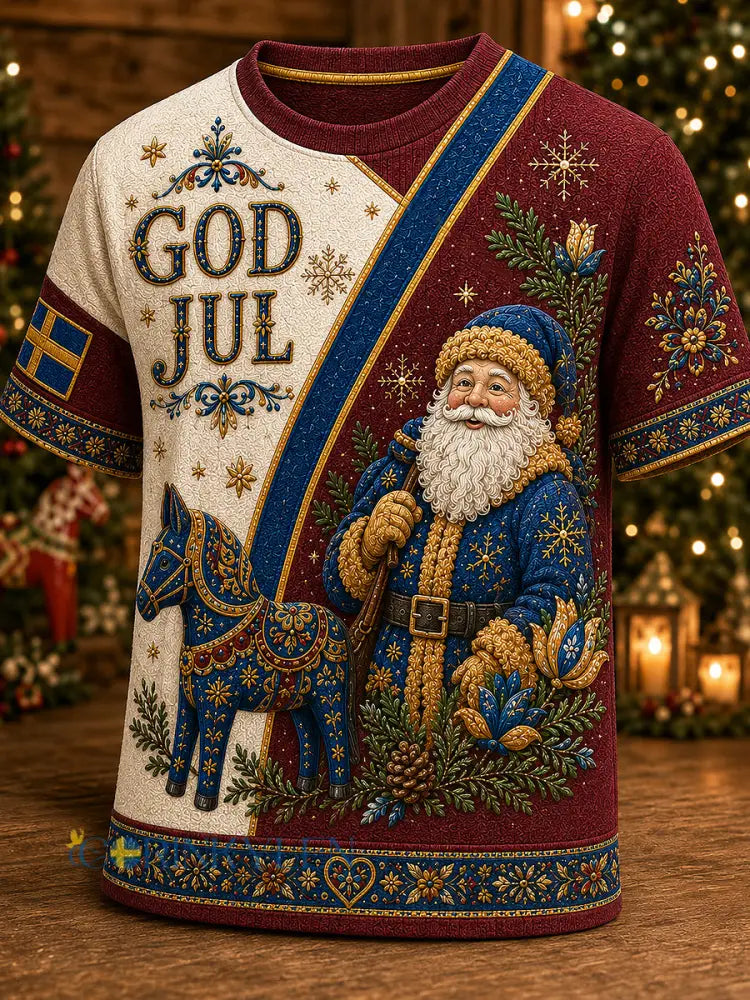 Herrlig jultröja i svensk stil med tryckt mönster vintagemode löst sittande och kort ärm - vinröd / S