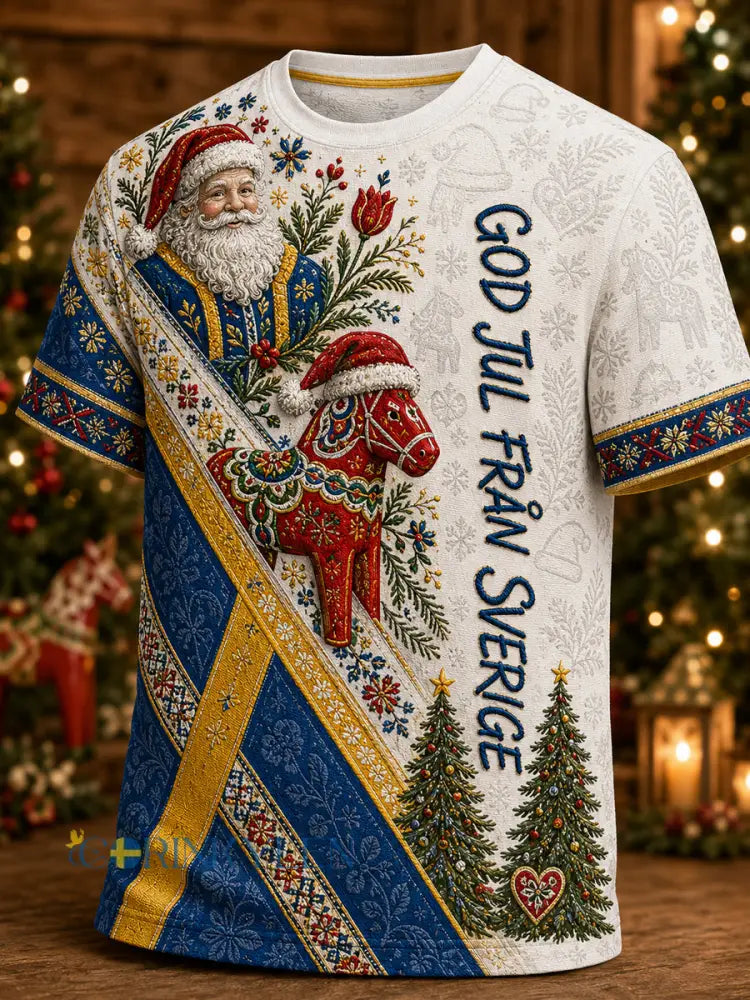 Herrlig jultröja i svensk stil med tryckt mönster vintagemode löst sittande och kort ärm - vitt / S