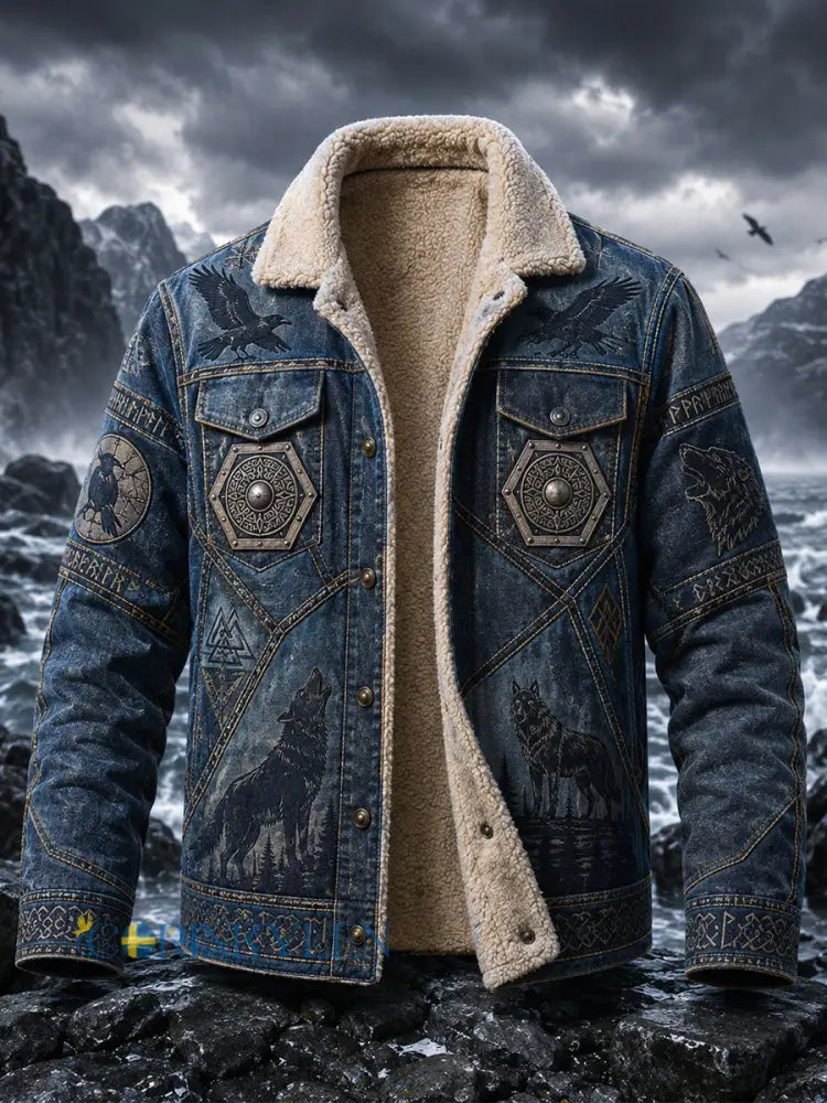 Herrlig retrovikingaslapp med vargtotem i keltisk stil – flanelltröja med huva och luv
