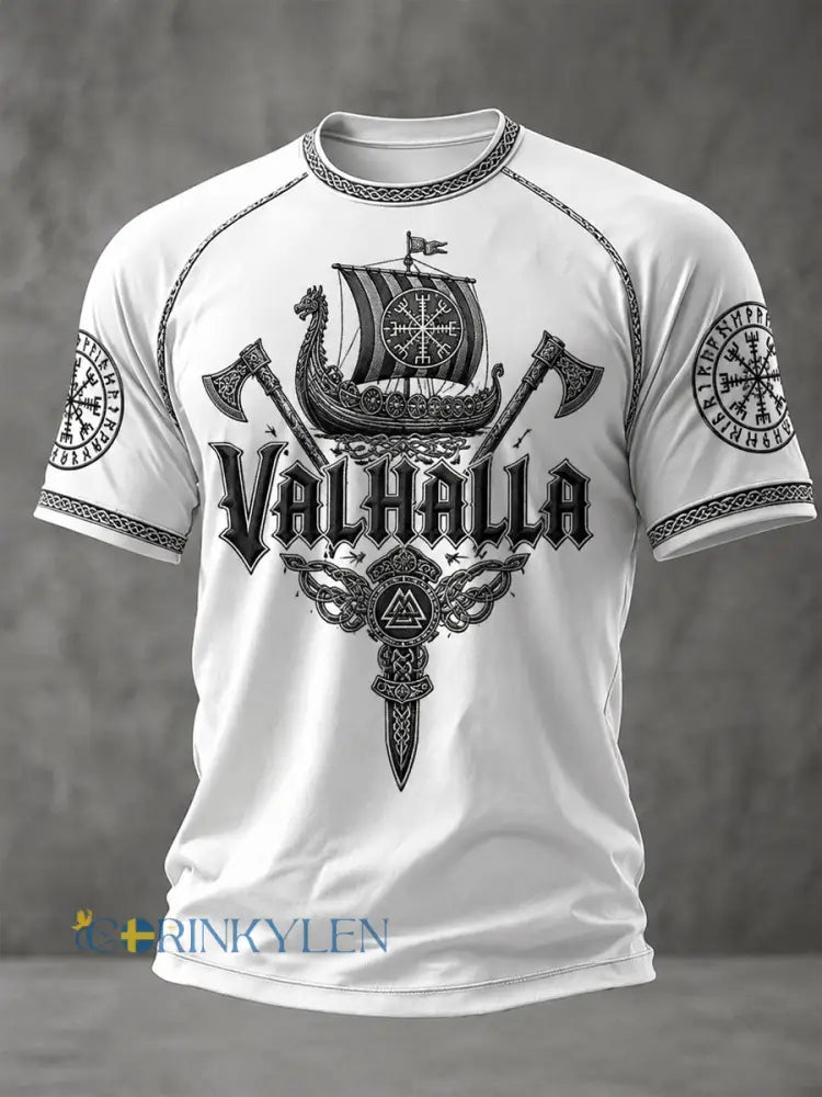 Herrlig Valhalla-printad avslappnad t-shirt med korta ärmar - vitt / S