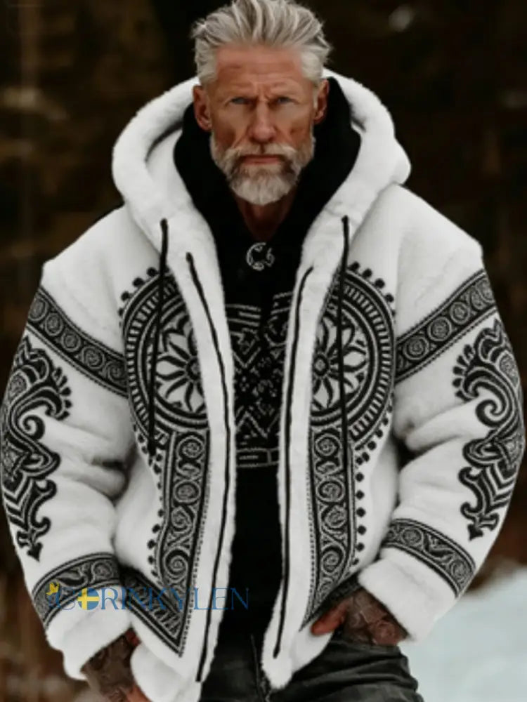 Herrlig viking- och keltiskt inspirerad mysig varm jacka i plysch med dragkedja och huva - vitt / S