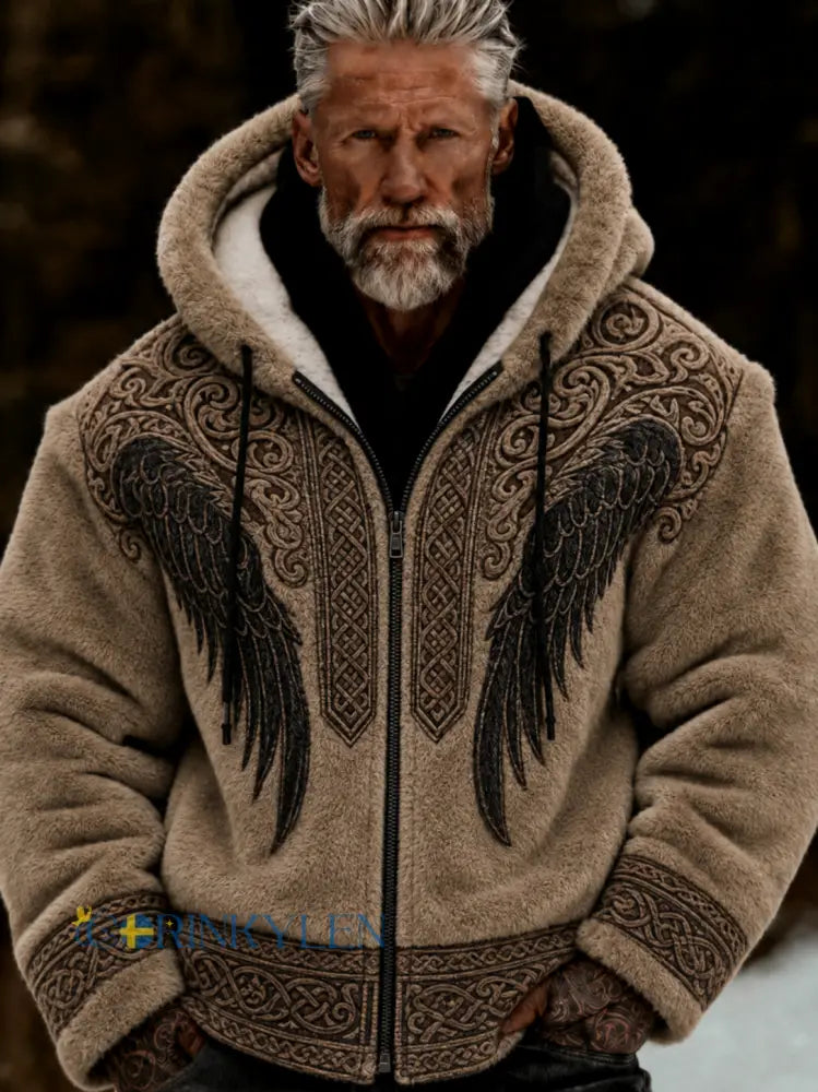 Herrlig viking- och keltiskt inspirerad plyschjacka med dragkedja och huva mysig och varm - brun / S