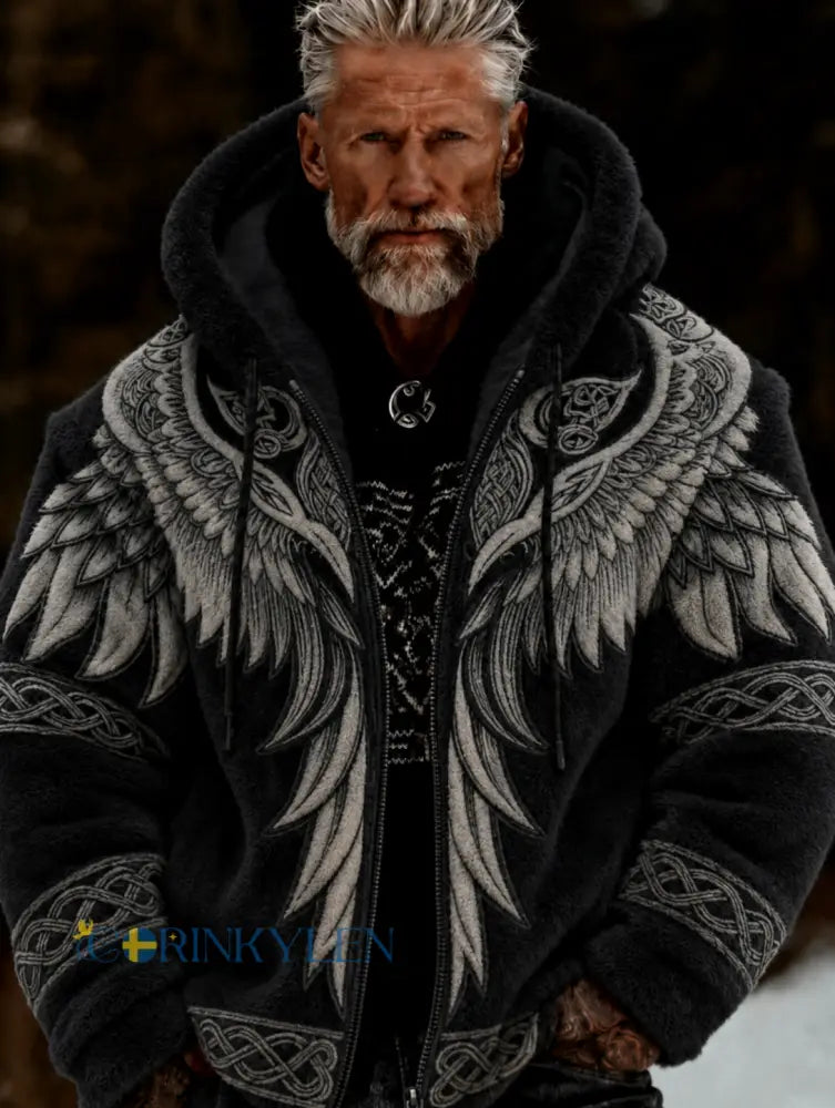 Herrlig viking- och keltiskt inspirerad plyschjacka med dragkedja och huva mysig och varm - svart / S