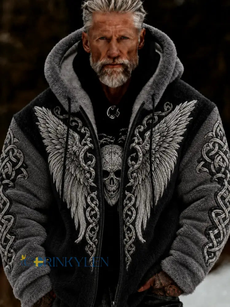 Herrlig viking- och keltiskt inspirerad plyschjacka med dragkedja och huva mysig och varm - svart / S