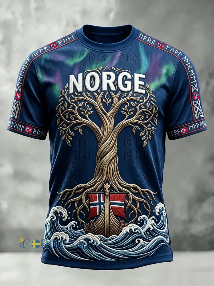 Herrlig vikingaträd livets träd konst Norges flagga tryckt kortärmad t-shirt - djupblåa / S