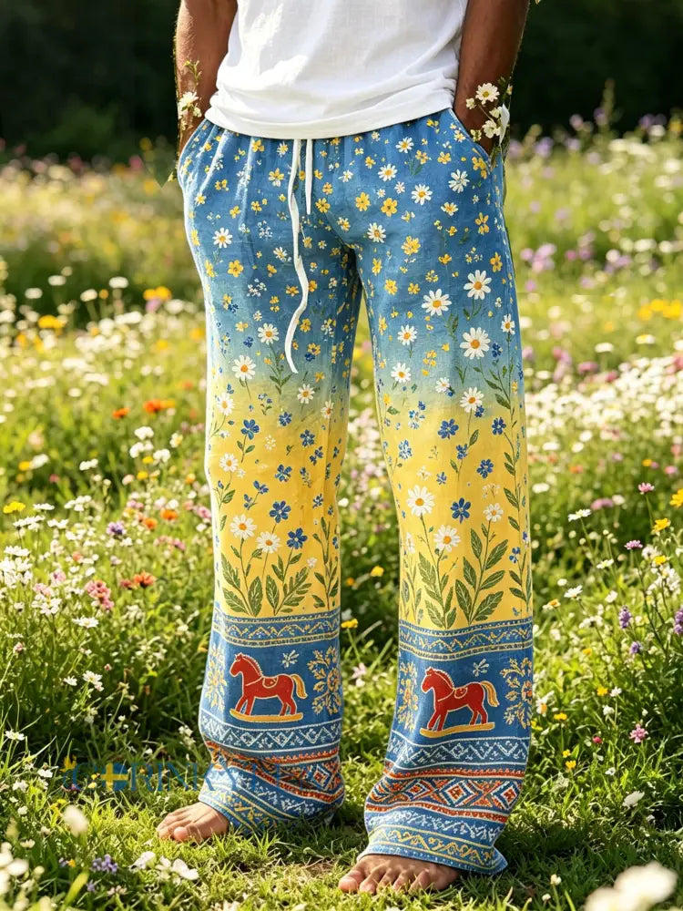 Herrmiddagsfest blommig färggradient bomullslinne avslappnade byxor - A / S